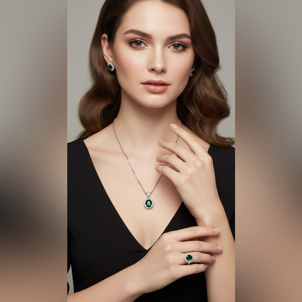 Swarovski Green Crystal Ring Earrings Necklace Set NWT Sparkling Jewelry